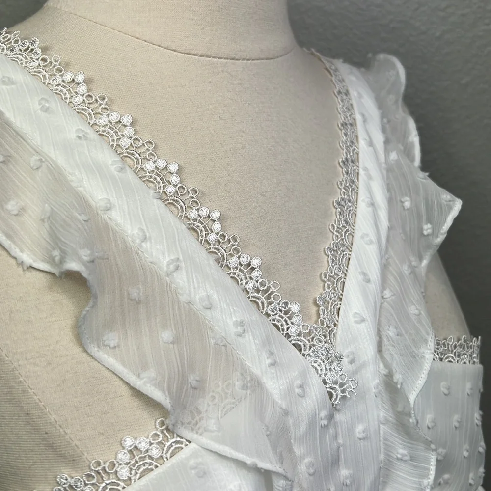 NWT Monique Lhullier White Midi Dress Eyelet Blouson Raised Polka Dots Lace 6 - Picture 10 of 13
